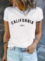 California 1991 Print Crew Neck T-Shirt, Casual Short Sleeve T-Shirt For Spring & Summer, Women'S Clothing