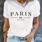 Paris Print Crew Neck T-Shirt, Short Sleeve Casual Top For Spring & Summer, Women'S Clothing