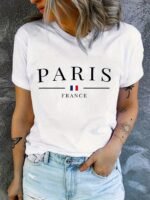Paris Print Crew Neck T-Shirt, Short Sleeve Casual Top For Spring & Summer, Women'S Clothing