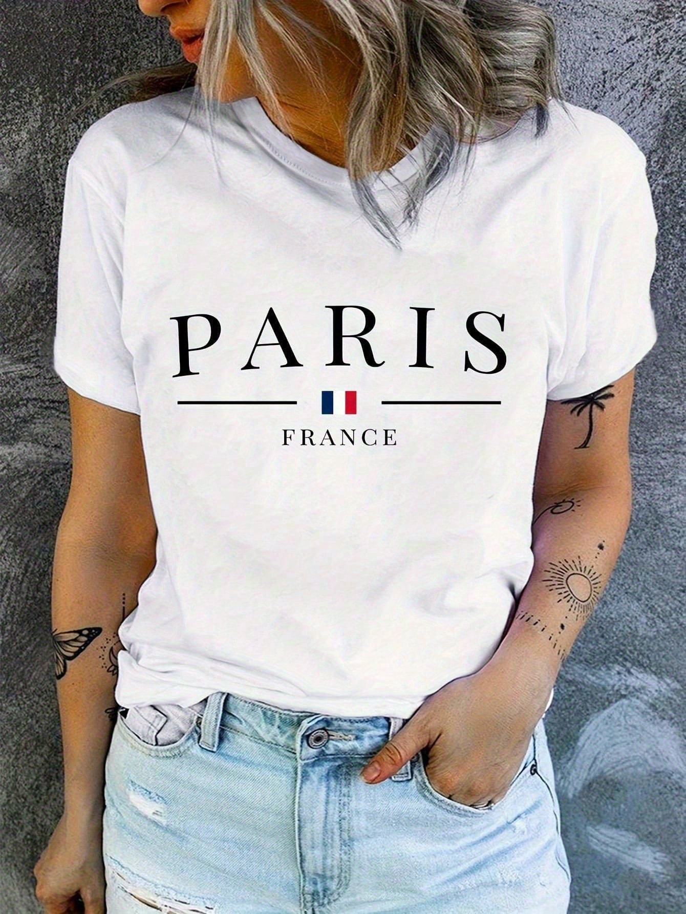 product-open-2024-04-09-1712652199353-4bd9da1662b6494cb6a8d4f8422052bb-goods.jpeg Paris Print Crew Neck T-Shirt, Short Sleeve Casual Top For Spring & Summer, Women'S Clothing - Image 1