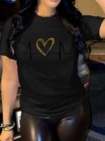 Leopard Heart Print Comfy T-Shirt, Round Neck Short Sleeve Sports Tee, Women'S Activewear - Image 6