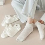 5 Pairs Women'S Cartoon Bear Geometric Pattern Breathable Short Socks - Soft Machine Washable Casual Socks For Casual Attire, Cute Socks, Playful Fashion, Playful Design, Comfortable Fit, Sock Lovers - Image 4