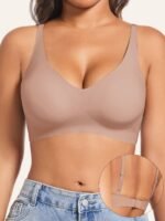 A Set Of 1, Women'S Solid Contrast Earth Tone Spaghetti Strap Bra, Beautiful Back Bralette, Soft Breathable Removable Bra Pads, Single Breasted Minimalist Basic Underwear Tops For Women, Solid Color Underwear For All Seasons - Image 5