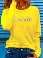 Women'S Long Sleeve Crew Neck T-Shirt, Stretchy Polyester Blend, Geometric Letter Print, Casual Vacation Style, Applique Detail, Machine Washable - Spring/Summer Sportswear, Ladies T Shirts - Image 6