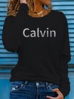 Women'S Long Sleeve Crew Neck T-Shirt, Stretchy Polyester Blend, Geometric Letter Print, Casual Vacation Style, Applique Detail, Machine Washable - Spring/Summer Sportswear, Ladies T Shirts - Image 4