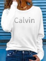 Women'S Long Sleeve Crew Neck T-Shirt, Stretchy Polyester Blend, Geometric Letter Print, Casual Vacation Style, Applique Detail, Machine Washable - Spring/Summer Sportswear, Ladies T Shirts - Image 8