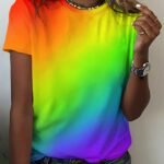 Women'S Vibrant Rainbow Gradient Tee - Soft, Breathable Polyester Blend, Casual Crew Neck, Color-Blocking Design, Short Sleeve, Relaxed Fit, Perfect For Summer Outdoor, Casual Summer Wear | Colorblock Tee | Comfortable Fit