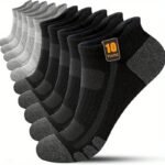 10 Pairs Men'S Low-Cut Casual Socks - Breathable Cushioned Comfort, Elastic Ribbed Cuff, Solid Color (Black/Gray) For Casual Attire