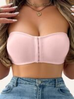 1Pc Women'S Strapless T-Shirt Bra With Front Clasp & 6-Row Zipper Closure - No Underwire Seamless Full Coverage, Removable Pads Breathable High-Elasticity Soft Pink For Yoga Gym Casual Outfits - All-Season Wear, Gym Tank Top | Fashion Bra | Functional Fashion - Image 9