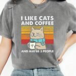 Women'S Casual "I Like Cats And Coffee" Graphic T-Shirt - Short Sleeve, Round Neck, Polyester, Lightweight, All-Season Tee With Cat And Coffee Design, Casual Wear | Playful Print | Knit Construction, Cat Lover Gifts