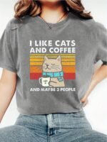 Women'S Casual "I Like Cats And Coffee" Graphic T-Shirt - Short Sleeve, Round Neck, Polyester, Lightweight, All-Season Tee With Cat And Coffee Design, Casual Wear | Playful Print | Knit Construction, Cat Lover Gifts