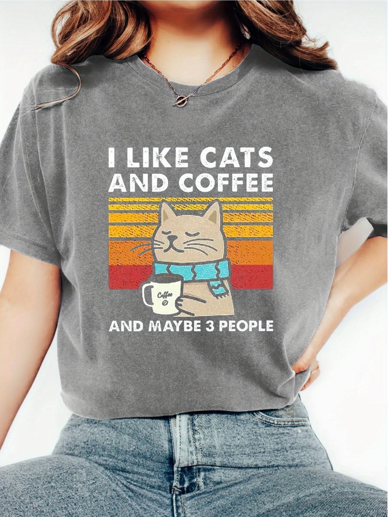 product-open-71f84f63ac134018b8381276fb313607-goods.jpeg Women'S Casual "I Like Cats And Coffee" Graphic T-Shirt - Short Sleeve, Round Neck, Polyester, Lightweight, All-Season Tee With Cat And Coffee Design, Casual Wear | Playful Print | Knit Construction, Cat Lover Gifts - Image 1