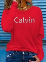 Women'S Long Sleeve Crew Neck T-Shirt, Stretchy Polyester Blend, Geometric Letter Print, Casual Vacation Style, Applique Detail, Machine Washable - Spring/Summer Sportswear, Ladies T Shirts - Image 2