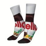 1 Pair Men'S Funny Novelty Crew Socks - Chocolate Hazelnut Spread Design, Hip Hop Harajuku Style, Polyester Knit Fabric (95% Polyester, 5% Elastane), Hand Washable - Ideal For Christmas Gifts And Casual Wear