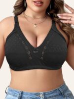 Plus Size Elegant Beige Bra For Women - Breathable Full Coverage, Wireless With Front Bow Detail & Floral Cut-Outs, Soft Nylon Blend, Wide Straps, No Padding, Versatile All-Season Wear, Sizes 1Xl-5Xl, Plus Size Bra - Image 2