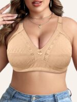 Plus Size Elegant Beige Bra For Women - Breathable Full Coverage, Wireless With Front Bow Detail & Floral Cut-Outs, Soft Nylon Blend, Wide Straps, No Padding, Versatile All-Season Wear, Sizes 1Xl-5Xl, Plus Size Bra