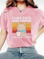Women'S Casual "I Like Cats And Coffee" Graphic T-Shirt - Short Sleeve, Round Neck, Polyester, Lightweight, All-Season Tee With Cat And Coffee Design, Casual Wear | Playful Print | Knit Construction, Cat Lover Gifts - Image 6