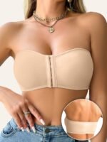 1Pc Women'S Sexy Strapless Corsetry Bra With Front Closure, 6 Rows Buckle, Full Coverage Seamless Invisible Comfort, Removable Pads, Breathable High Elasticity, Nylon 90% Elastane 10%, For Tank Tops, Dresses, Casual Wear, Fitness, Yoga - Solid Color