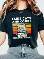 Women'S Casual "I Like Cats And Coffee" Graphic T-Shirt - Short Sleeve, Round Neck, Polyester, Lightweight, All-Season Tee With Cat And Coffee Design, Casual Wear | Playful Print | Knit Construction, Cat Lover Gifts - Image 3