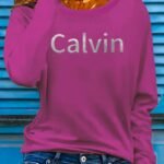 Women'S Long Sleeve Crew Neck T-Shirt, Stretchy Polyester Blend, Geometric Letter Print, Casual Vacation Style, Applique Detail, Machine Washable - Spring/Summer Sportswear, Ladies T Shirts