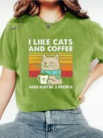Women'S Casual "I Like Cats And Coffee" Graphic T-Shirt - Short Sleeve, Round Neck, Polyester, Lightweight, All-Season Tee With Cat And Coffee Design, Casual Wear | Playful Print | Knit Construction, Cat Lover Gifts - Image 2