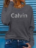 Women'S Long Sleeve Crew Neck T-Shirt, Stretchy Polyester Blend, Geometric Letter Print, Casual Vacation Style, Applique Detail, Machine Washable - Spring/Summer Sportswear, Ladies T Shirts - Image 3